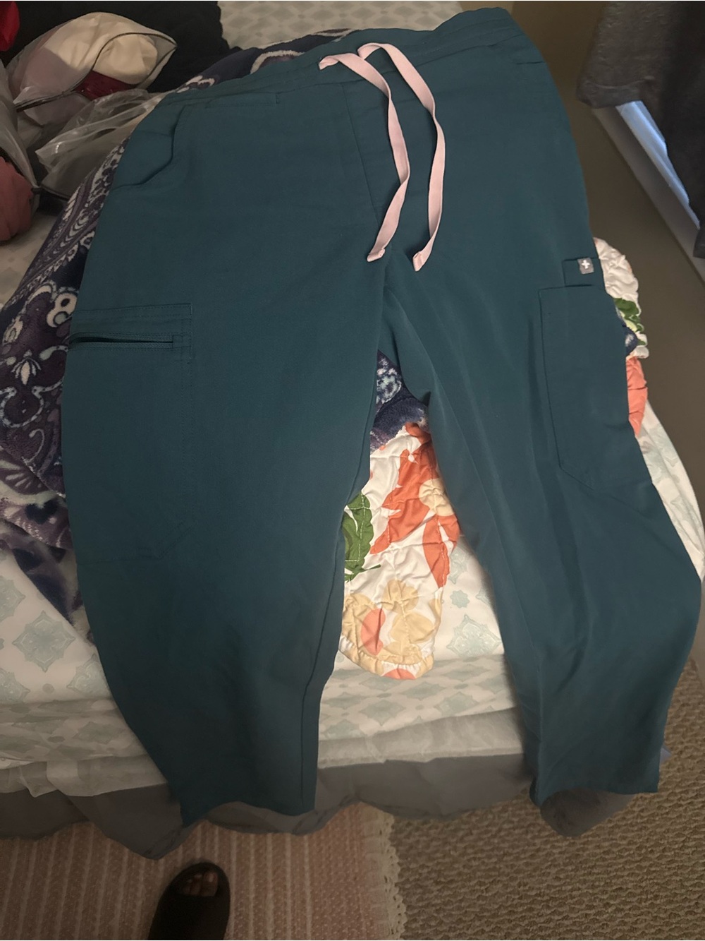 Figs Deep Teal Scrub Jogger Pants with Pink Drawstring